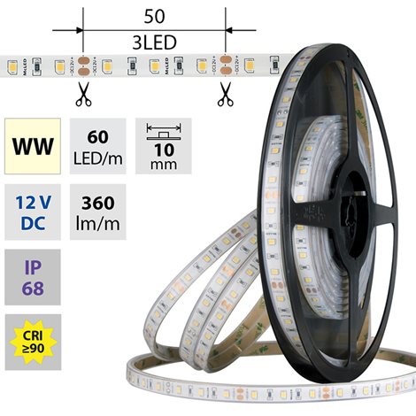 ML-121.859.60.0 LED pásek SMD2835 WW, 60LED/m, 4,8W/m, DC 12V, 390lm/m, CRI90, IP68, 10mm, 5m
