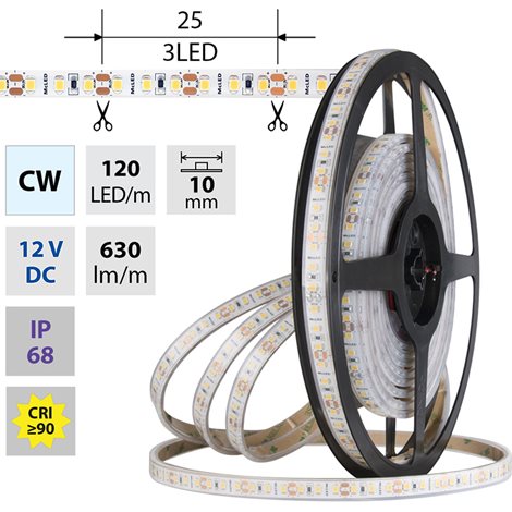 ML-121.866.60.0 LED pásek SMD2835 CW, 120LED/m, 9,6W/m, DC 12V, 630lm/m, CRI90, IP68, 10mm, 5m