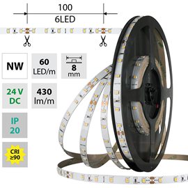 ML-126.830.60.2 LED pásek SMD2835 NW, 60LED/m, 4,8W/m, DC 24V, 430lm/m, CRI90, IP20, 8mm, 50m