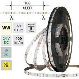 ML-126.831.60.2 LED pásek SMD2835 WW, 60LED/m, 4,8W/m, DC 24V, 480lm/m, CRI90, IP20, 8mm, 50m