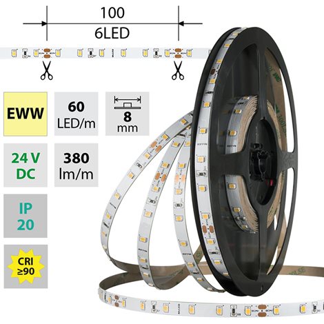 ML-126.832.60.2 LED pásek SMD2835 EWW, 60LED/m, 4,8W/m, DC 24V, 380lm/m, CRI90, IP20, 8mm, 50m