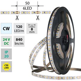 ML-126.838.60.2 LED pásek SMD2835 CW, 120LED/m, 9,6W/m, DC 24V, 840lm/m, CRI90, IP20, 8mm, 50m