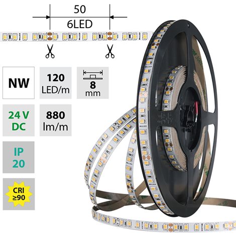 ML-126.839.60.0 LED pásek SMD2835 NW, 120LED/m, 9,6W/m, DC 24V, 950lm/m, CRI90, IP20, 8mm, 5m