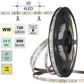 ML-126.840.60.0 LED pásek SMD2835 WW, 120LED/m, 9,6W/m, DC 24V, 800lm/m, CRI90, IP20, 8mm, 5m