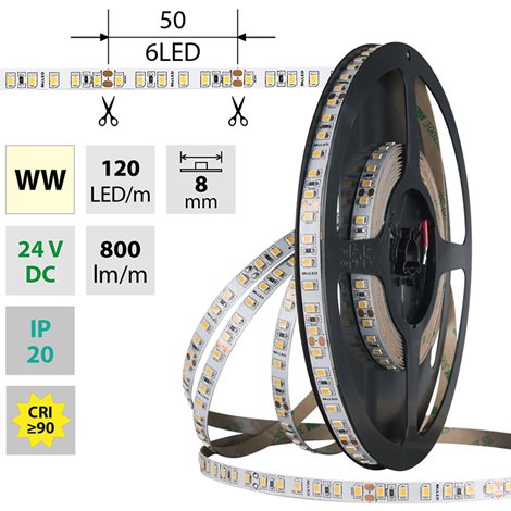 ML-126.840.60.2 LED pásek SMD2835 WW, 120LED/m, 9,6W/m, DC 24V, 800lm/m, CRI90, IP20, 8mm, 50m