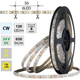ML-126.852.60.0 LED pásek SMD2835 CW, 120LED/m, 9,6W/m, DC 24V, 630lm/m, CRI90, IP54, 8mm, 5m