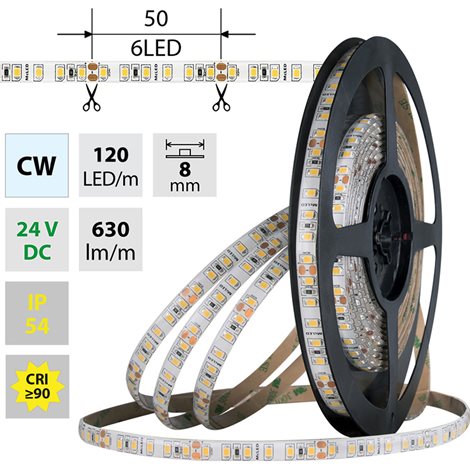 ML-126.852.60.0 LED pásek SMD2835 CW, 120LED/m, 9,6W/m, DC 24V, 630lm/m, CRI90, IP54, 8mm, 5m
