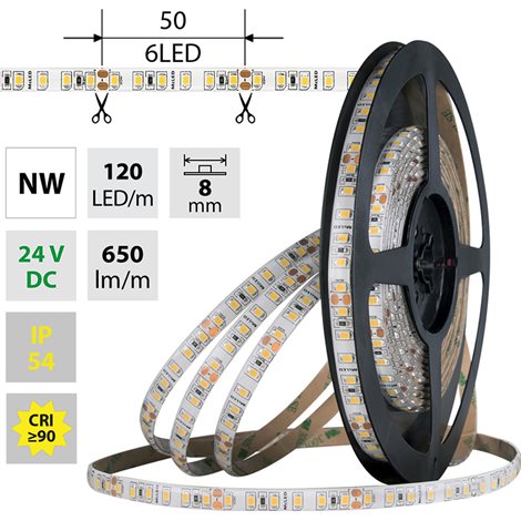 ML-126.853.60.0 LED pásek SMD2835 NW, 120LED/m, 9,6W/m, DC 24V, 650lm/m, CRI90, IP54, 8mm, 5m