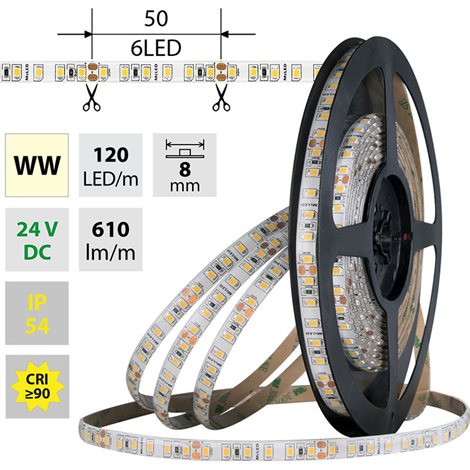 ML-126.854.60.0 LED pásek SMD2835 WW, 120LED/m, 9,6W/m, DC 24V, 860m/m, CRI90, IP54, 8mm, 5m