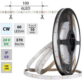 ML-126.857.60.0 LED pásek SMD2835 CW, 60LED/m, 4,8W/m, DC 24V, 370lm/m, CRI90, IP68, 10mm, 5m