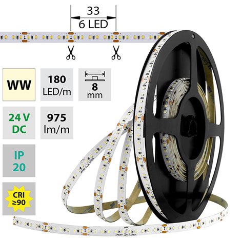 ML-126.733.60.0 LED pásek SMD2216 WW, 180LED/m, 12W/m, 975lm/m, IP20, DC 24V, 8mm, 5m