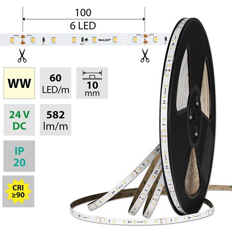 ML-126.878.60.2 LED pásek SMD2835 WW, 60LED/m, 7,2W/m, DC 24V, 582lm/m, CRI90, IP20, 10mm, 50m