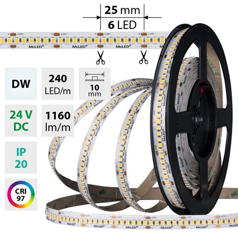 ML-126.023.90.0 LED pásek SMD2835 DW, 240LED/m, 14,4W/m, DC 24V, 1160lm/m, CRI97, IP20, 10mm, 5m