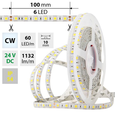 ML-126.606.60.0 LED pásek SMD5050 CW, 60LED/m, 14,4W/m, 1132lm/m, IP54, DC 24V, 10mm, 5m