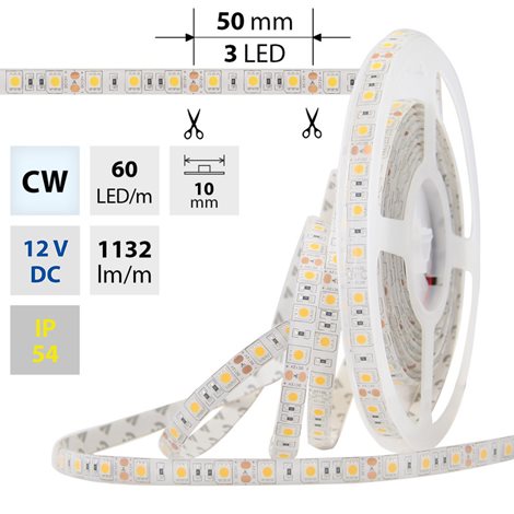 ML-121.606.60.0 LED pásek SMD5050 CW, 60LED/m, 14,4W/m, 1132lm/m, IP54, DC 12V, 10mm, 5m 1