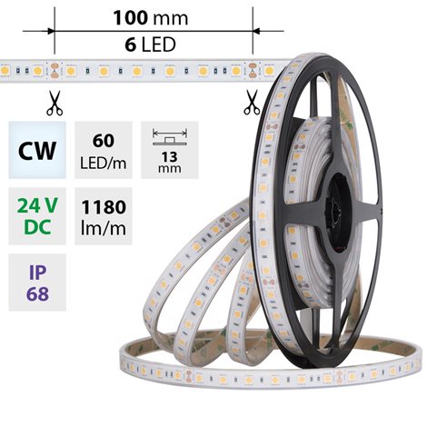 ML-126.613.60.0 LED pásek SMD5050 CW, 60LED/m, 14,4W/m, 1180lm/m, IP68, DC 24V, 13mm, 5m