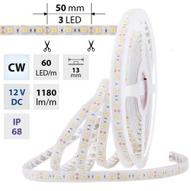 ML-121.613.60.0 LED pásek SMD5050 CW, 60LED/m, 14,4W/m, 1180lm/m, IP68, DC 12V, 13mm, 5m
