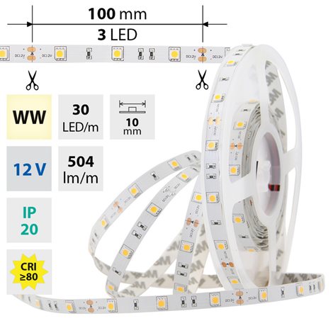 ML-121.579.60.2 LED pásek SMD5050 WW, 30LED/m, 7,2W/m, 504lm/m, IP20, DC 12V, 10mm, 50m