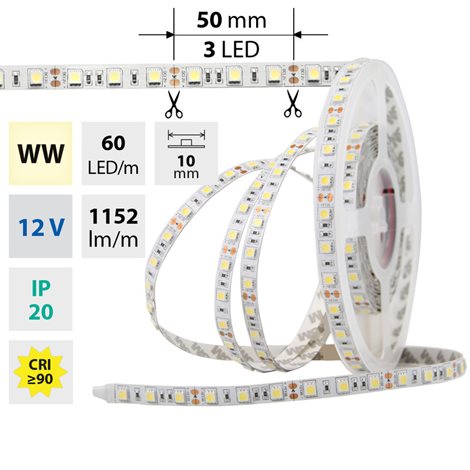 ML-121.600.60.2 LED pásek SMD5050 WW, 60LED/m, 14,4W/m, DC 12V, 1152lm/m, IP20, 10mm, 50m 1