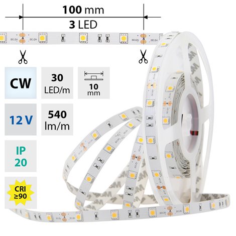 ML-121.578.60.0 LED pásek SMD5050 CW, 30LED/m, 7,2W/m, 540lm/m, IP20, DC 12V, 10mm, 5m