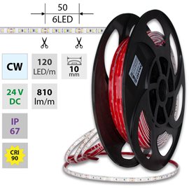 ML-126.006.90.2 LED pásek SMD2835 CW, 120LED/m, 9,6W/m, DC 24V, 810lm/m, CRI90, IP67, 10mm, 50m