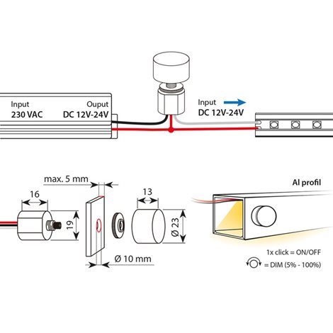 ML-113.006.02.0 Otočný stmívač LED pásku pro montáž do profilu, černá barva, max. 4A, IP65 4
