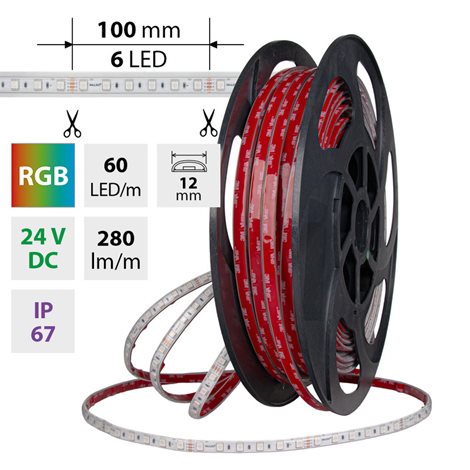 ML-128.006.90.2 LED pásek SMD5050 RGB, 60LED/m, 8W/m, DC 24V, 280lm/m, IP67, 12mm, 50m