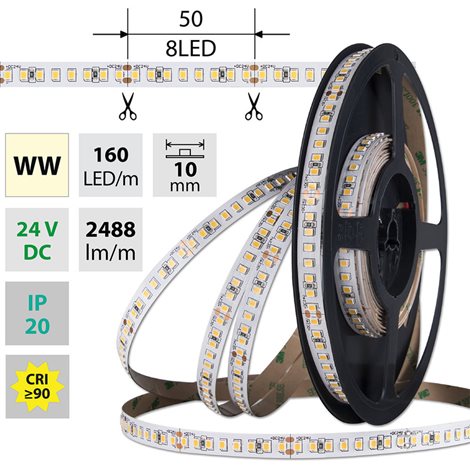 ML-126.888.60.2 LED pásek SMD2835 WW, 160LED/m, 19,2W/m, DC 24V, 2488lm/m, CRI90, IP20, 10mm, 50m