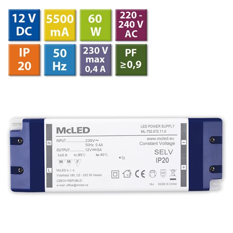 ML-732.072.11.0 Napájecí zdroj 60W, DC12V/5A, IP20, plastové provedení se svorkovnicí 1
