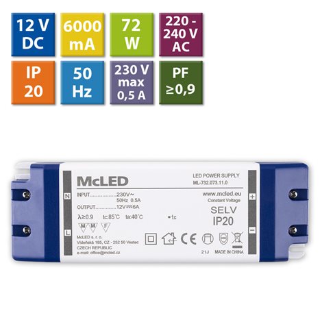 ML-732.073.11.0 Napájecí zdroj 72W, DC12V/6A, IP20, plastové provedení se svorkovnicí 1