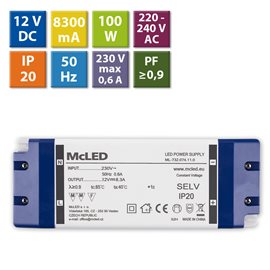 ML-732.074.11.0 Napájecí zdroj 100W, DC12V/8,3A, IP20, plastové provedení se svorkovnicí