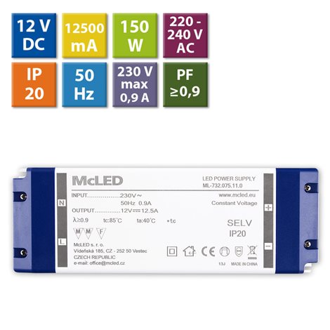 ML-732.075.11.0 Napájecí zdroj 150W, DC12V/12,5A, IP20, plastové provedení se svorkovnicí 1