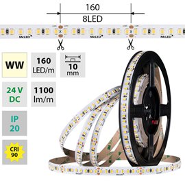 ML-126.019.90.2 LED pásek SMD2835 WW, 160LED/m, 9W/m, DC 24V, 1100lm/m, CRI90, IP20, 10mm, 50m