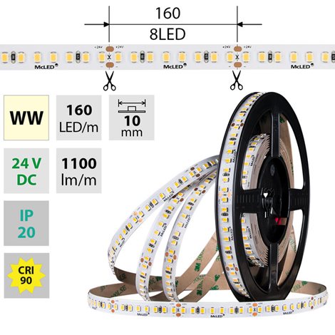 ML-126.019.90.0 LED pásek SMD2835 WW, 160LED/m, 9W/m, DC 24V, 1100lm/m, CRI90, IP20, 10mm, 5m