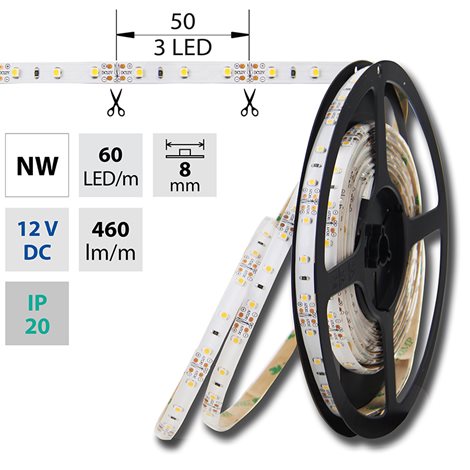 ML-121.773.60.2 LED pásek SMD3528 NW, 60LED/m, 4,8W/m, 460lm/m, IP20, DC 12V, 8mm, 50m