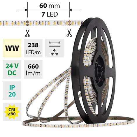 ML-126.042.90.0 LED pásek SMD2216 WW, 238LED/m, 7,2W/m, DC 24V, 660lm/m, CRI90, IP20, 4mm, 5m