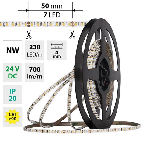 ML-126.043.90.0 LED pásek SMD2216 NW, 238LED/m, 7,2W/m, DC 24V, 700lm/m, CRI90, IP20, 4mm, 5m