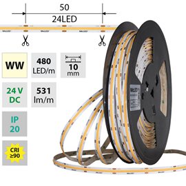 ML-126.052.83.2 LED pásek COB WW, 480LED/m, 5W/m, DC 24V, 531lm/m, CRI90, IP20, 10mm, 50m