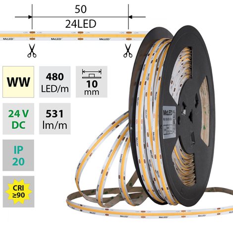 ML-126.052.83.2 LED pásek COB WW, 480LED/m, 5W/m, DC 24V, 531lm/m, CRI90, IP20, 10mm, 50m