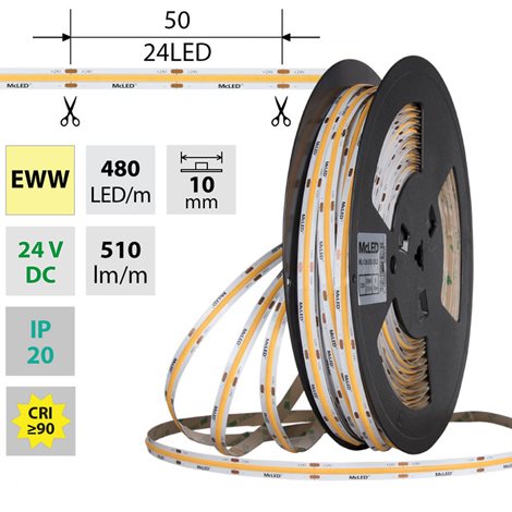 ML-126.053.83.2 LED pásek COB EWW, 480LED/m, 5W/m, DC 24V, 510lm/m, CRI90, IP20, 10mm, 50m