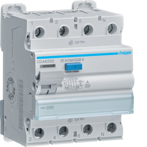 CDA625D Proudový chránič 4 pól. 25A / 0,03 A, typ A, 10 kA