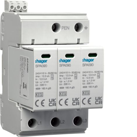 SPA930 (náhr. za SPN900) Kombinovaný svodič přepětí T1+T2 Iimp 12,5 kA (10/350) 3-pól TN-C