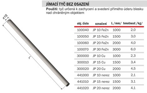 JP 20 Cu Jímací tyč bez osazení - 2000mm 2