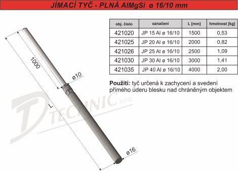 JP 20 Al o 16/10 Jímací tyč Ø 16/10 AlMgSi - 2000mm 2