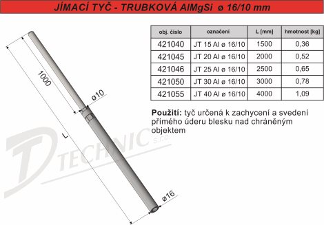 JT 25 16/10 Jímač trub. Ø 16/10 Al - 2500 mm  2