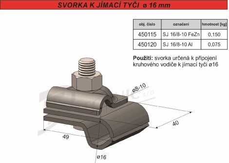 SJ 16/8-10 Svorka k jímací tyči Ø 16 a vodiči 8-10 mm 2