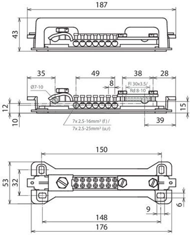563050 ekvipotenciální přípojnice MS 50mm2 9svorek 2