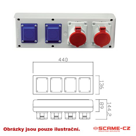 634.3122/4 Zásuvková rozvodnice bez jištění řady 634 - zás.: 2x230V, 1x16A/4p, 1x32A/4p 1