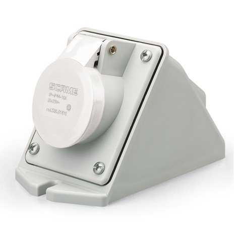 530.01611 Zásuvka nástěnná IEC309 do 50V, šikmý box - 2P, 16A, 40-50 V, 50/60 Hz, IP44