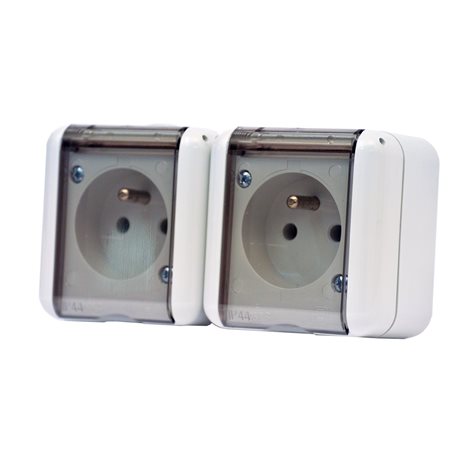 134.22922.GT Zásuvka dvojitá s transparentním víčkem IP44 šedá, 250V~ 50Hz/16A 2